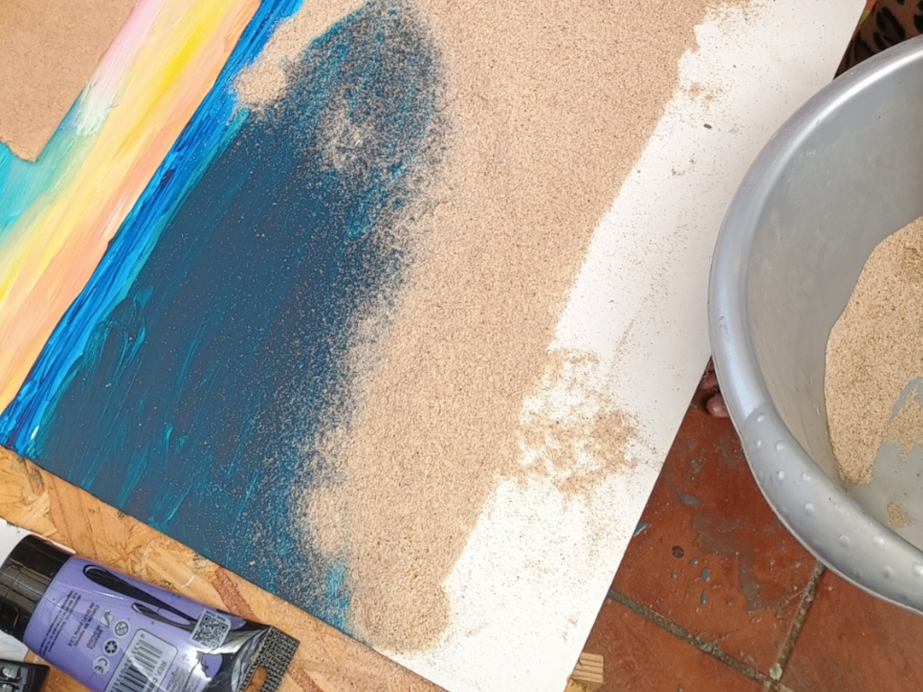 Handmade artwork featuring real sand, shells, and pebbles from Bolonia Beach by Sun Kissed Crafts.